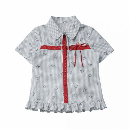 Light Gray Casual Kawaii Plaid & Star Pattern Peter Pan Collar Short Sleeve Shirt with Ruffle Hem - PINK SAVIOR