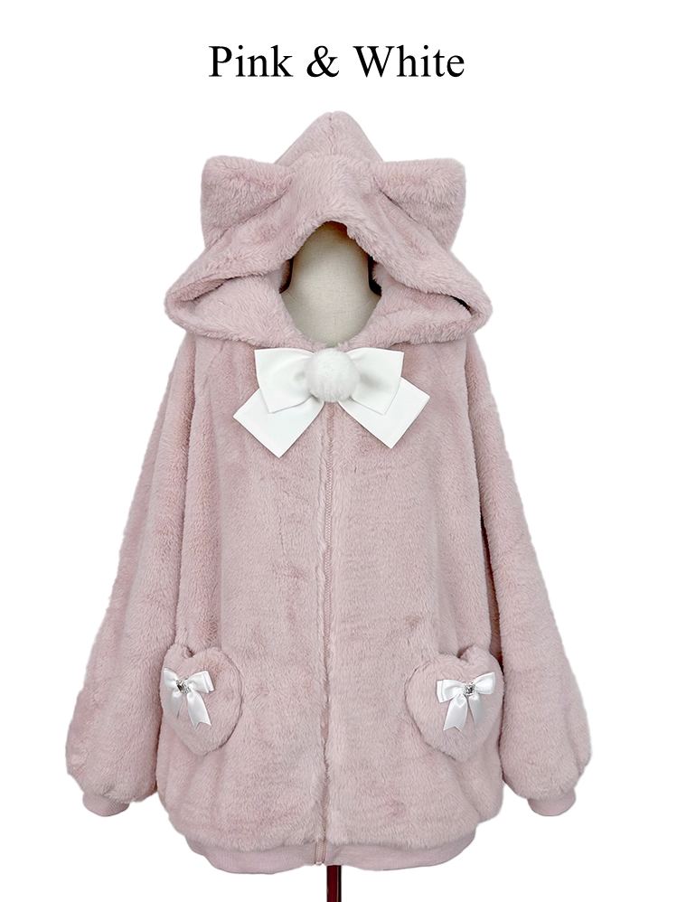 12 Kitty-Ear Jacket Bows Detachable Hooded with Pompom Jirai Available Colors Plush Kei