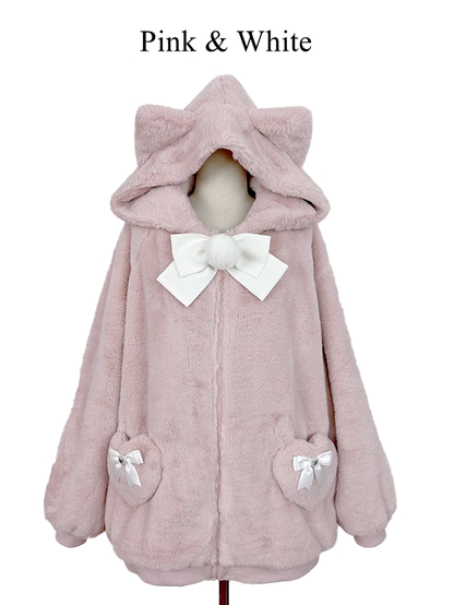 12 Kitty-Ear Jacket Bows Detachable Hooded with Pompom Jirai Available Colors Plush Kei
