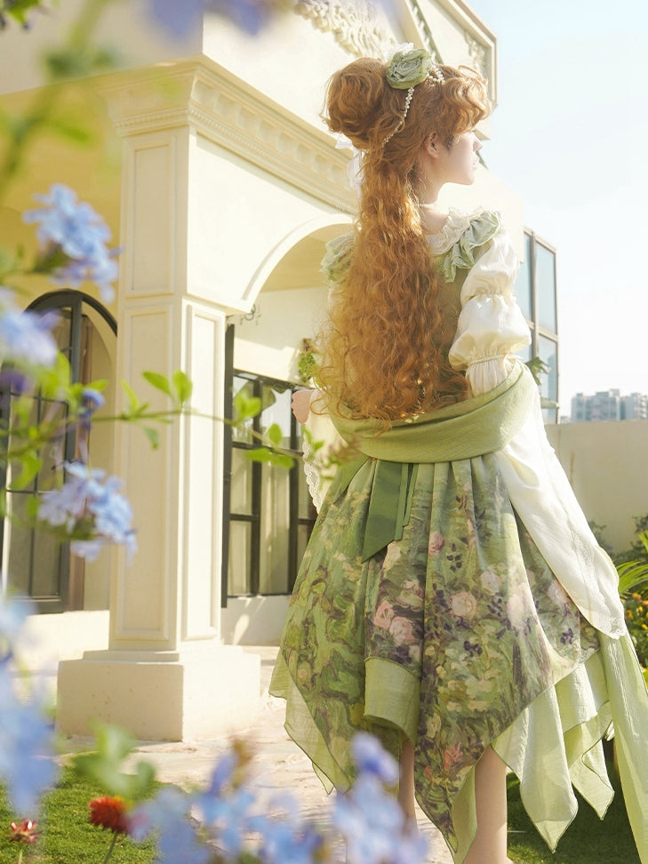 Saum JSK Set Malerei Taille Druck Taschentuch Lolita Rosen Grün Reich Öl
