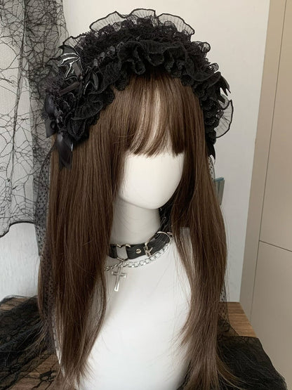 Decorated Bowknot Ruffled Details Black/White Hairband Wing