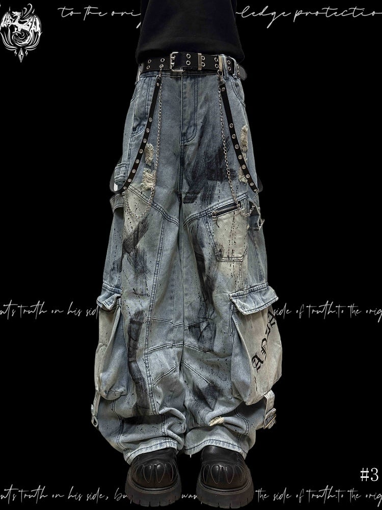 and Blue Distressed Cargo Wide-Leg Edgy with Pockets Jeans Graffiti Accents