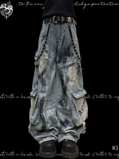 and Blue Distressed Cargo Wide-Leg Edgy with Pockets Jeans Graffiti Accents