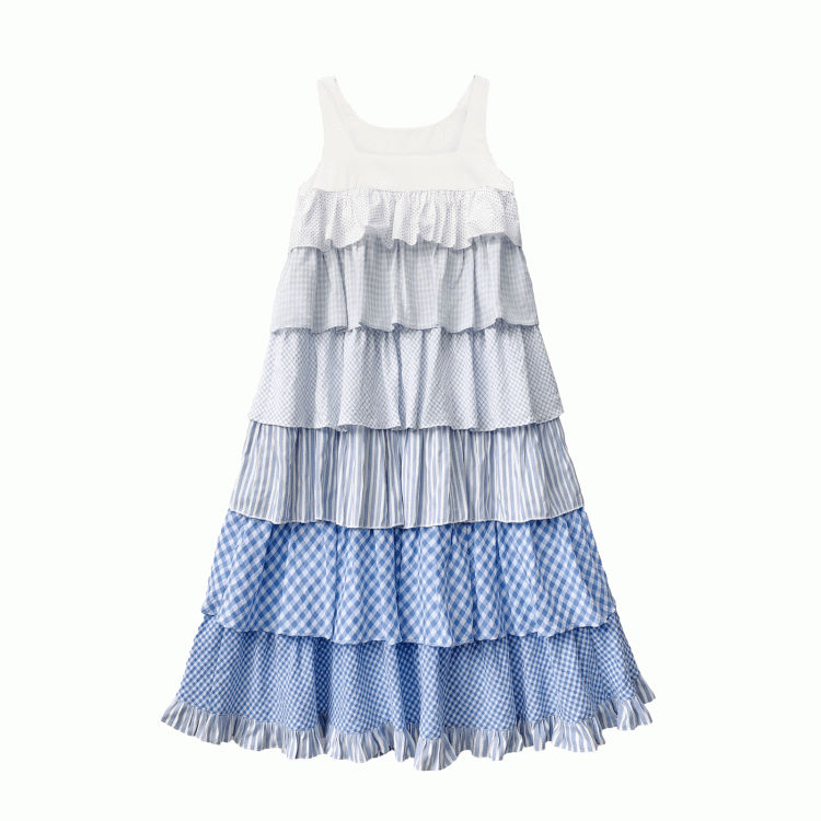 Blue with Patchwork Holiday Waist Sleeveless Dress Tiered Skirt Belt
