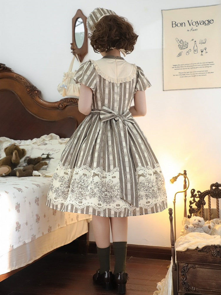 Version Lolita Embroidery Bodice Floral Pattern One and Brown Bowknot Short Striped Piece Classic
