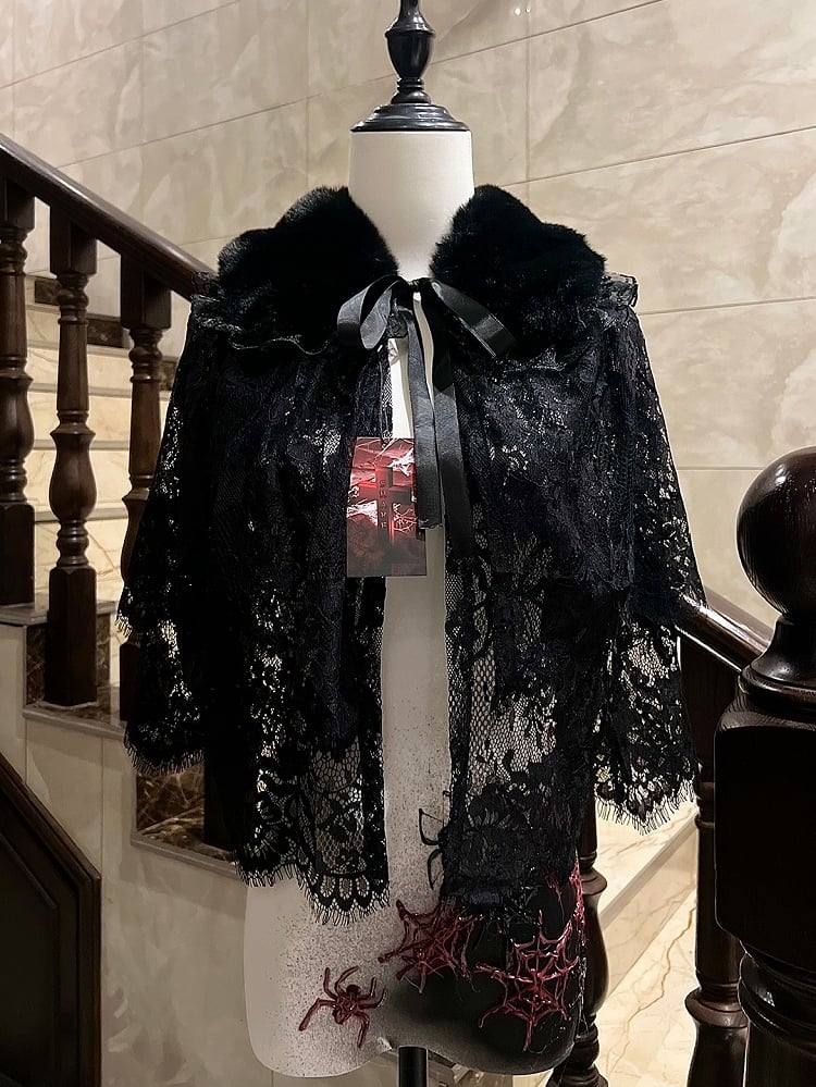 Lolita Lace Gothic Fur-Collared with Edging Cape Faux