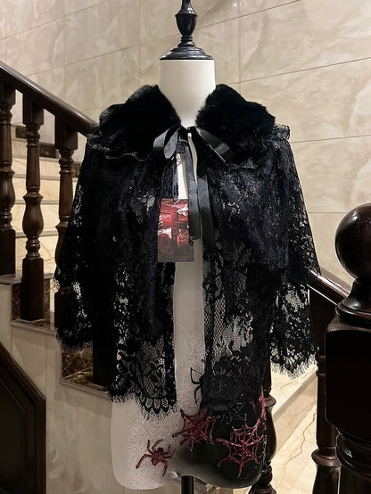 Lolita Lace Gothic Fur-Collared with Edging Cape Faux