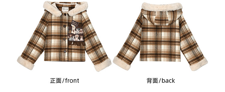 Brauner Wollmantel mit süßer Bären-Applikation und kariertem Kapuze, kurze Version