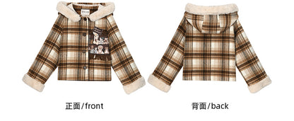 Brauner Wollmantel mit süßer Bären-Applikation und kariertem Kapuze, kurze Version
