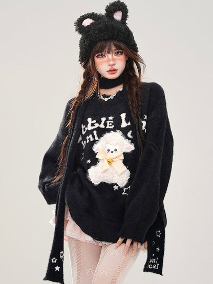 Rot/Schwarzer, süßer, lockerer Pullover mit Lamm-Applikationen und kostenlosem Schal