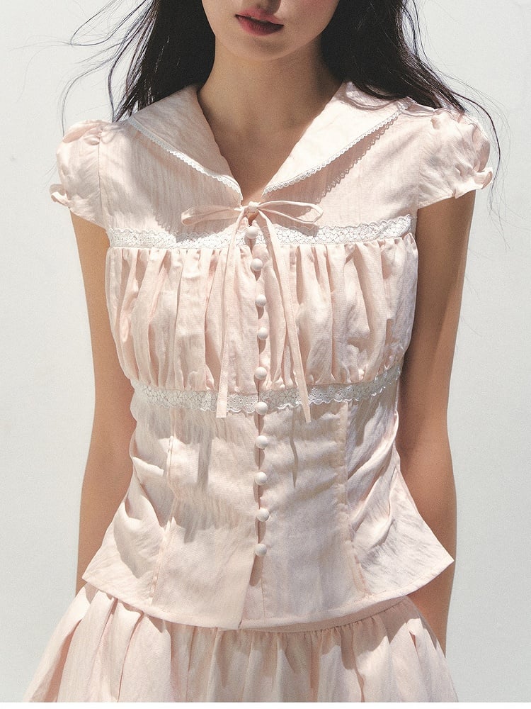 Pleating Waist Sweet Cinched Pink Details Sleeve with Blouse Puff