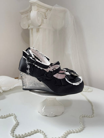 Vintage Black Snow Embroidery Round Toe Heel Shoes - Vintage Sweetheart