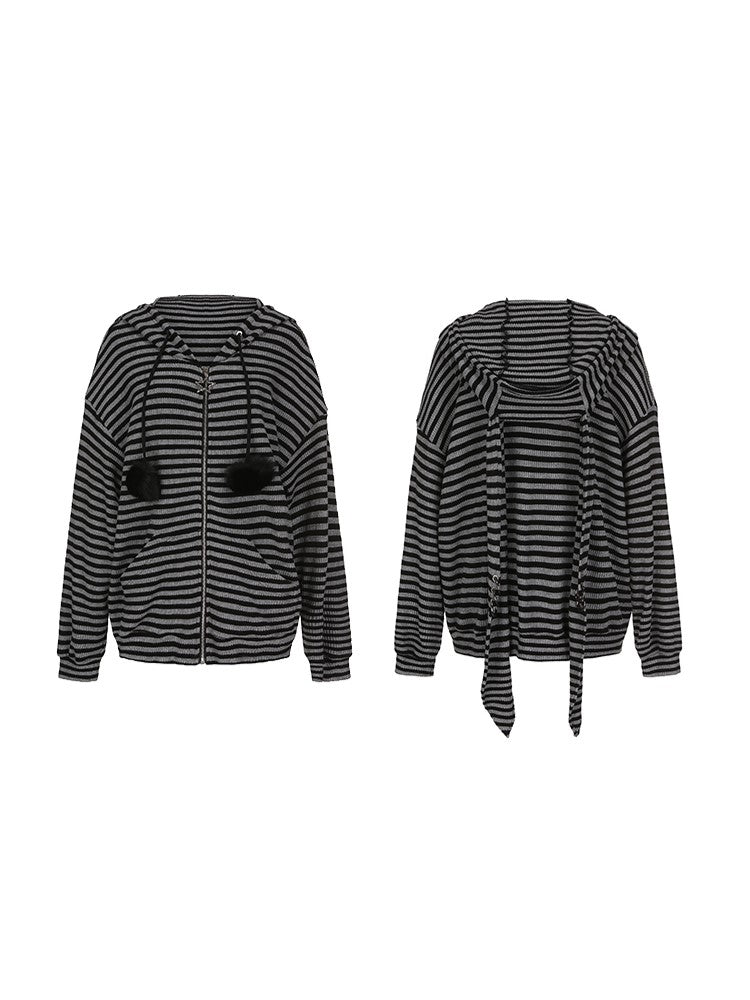Plus Black Size Drawstrings Pompon Jacket Hoodie Stripes with Bunny Gray