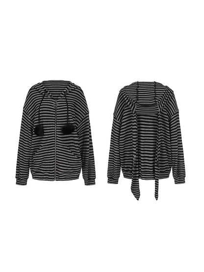 Plus Black Size Drawstrings Pompon Jacket Hoodie Stripes with Bunny Gray