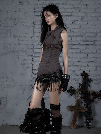 Knit Studded Grey Lace-ups Belt Top Brown Tank Light Punk Buckle with Crisscross