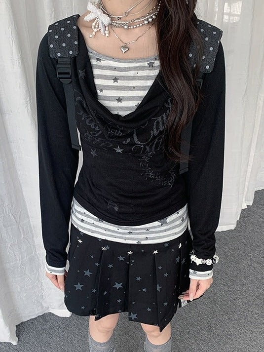 Black/White Cowl Neck Fake Two-Piece Long Sleeve Top with Stripes and Stars - Solkatt