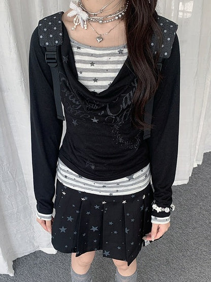 Black/White Cowl Neck Fake Two-Piece Long Sleeve Top with Stripes and Stars - Solkatt