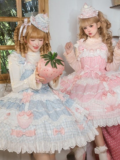 Dress with Layered JSK Sweet Lolita Blue Skirt Bow Accents
