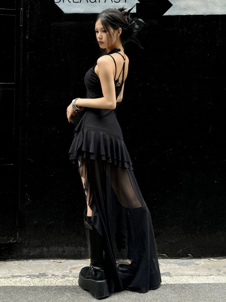ブラックパンクロックサマースパゲッティストラップドレス