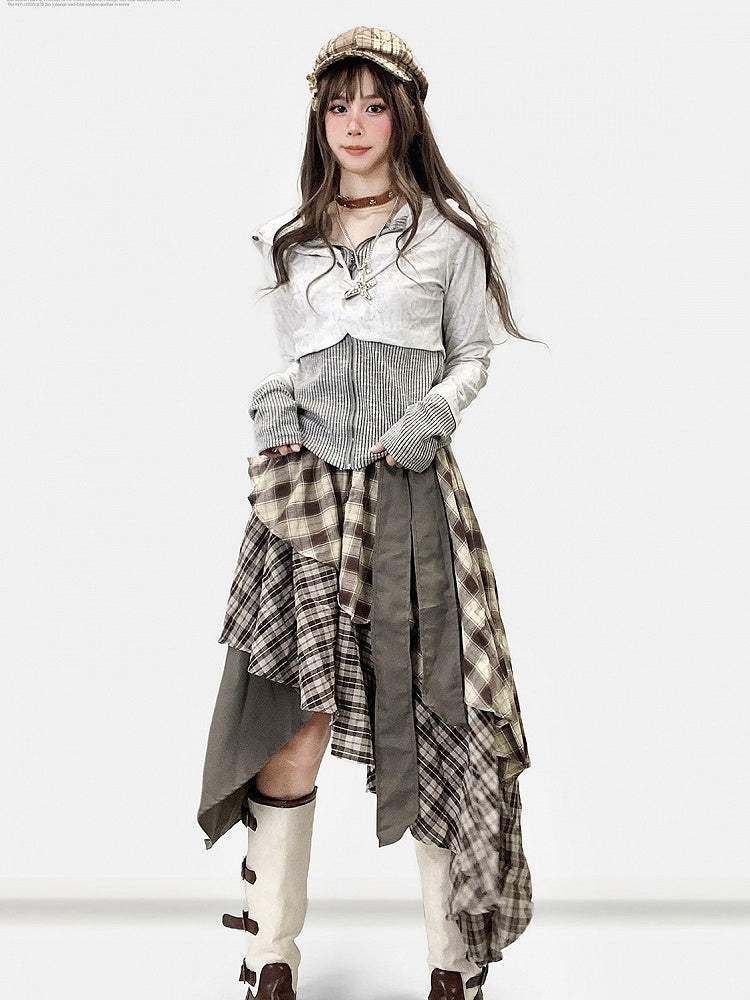 Fake Hooded Gray Design Striped Two-Piece Top Y2K