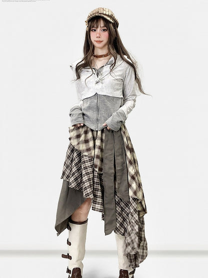 Fake Hooded Gray Design Striped Two-Piece Top Y2K