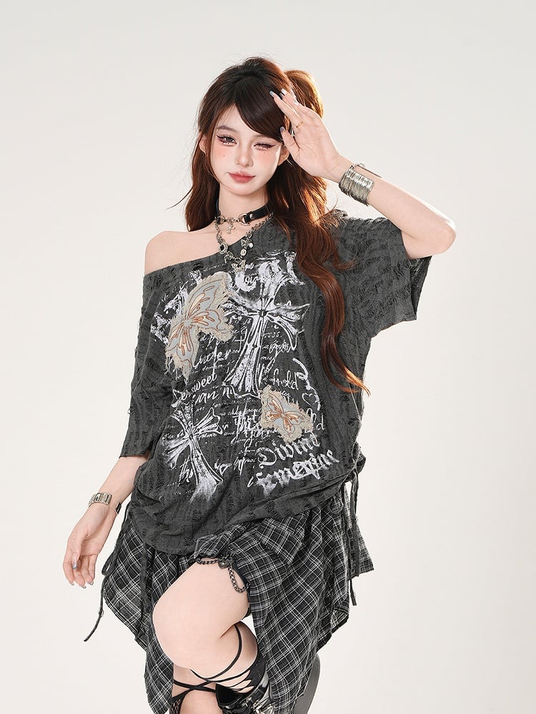 バタフライアップリケ クロスプリント ダメージ加工 穴あき