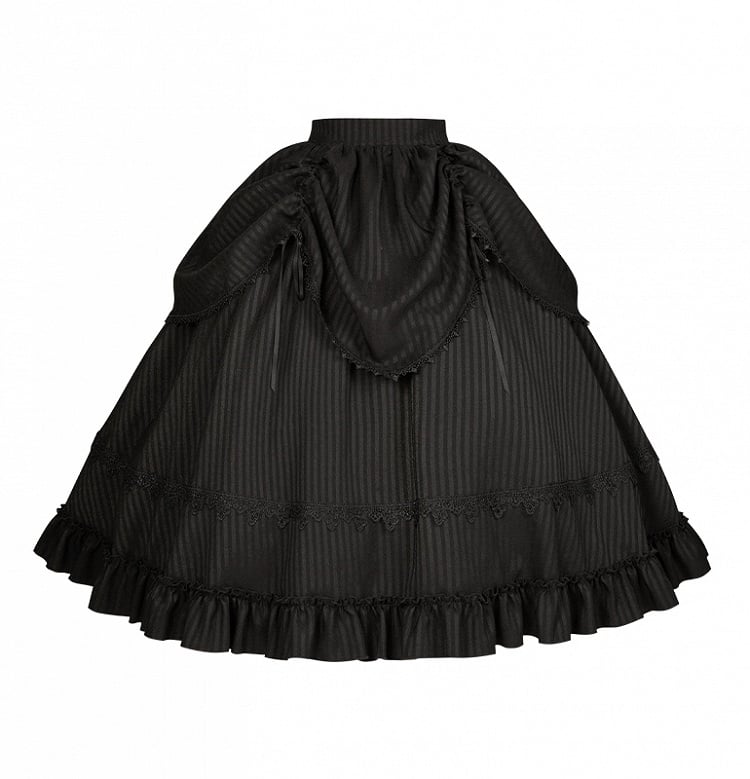 Striped Version Gothic Ruffle Drawstring Long Black Design Skirt with Lolita
