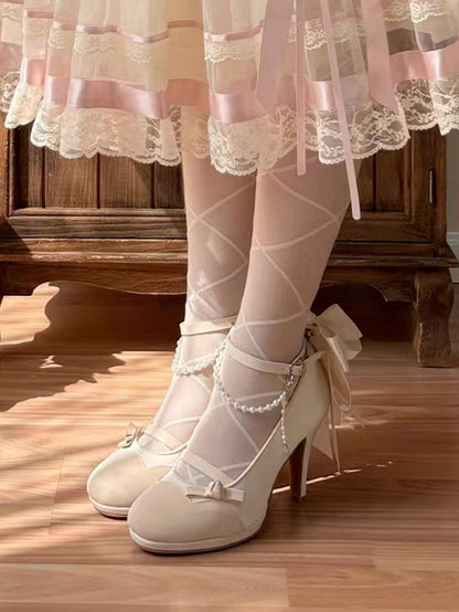 Beaded and Shoes Lolita PU Back Leather Lace with Chain Detachable High-heel Bow Elegant - Apricot Trim White