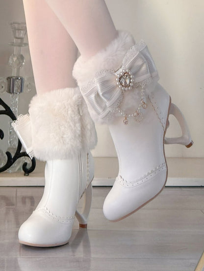 Rhinestone Cuff Bow Decor Boots - Heel and Sweet Beads Heart Off-white Winter Lolita Plush Design