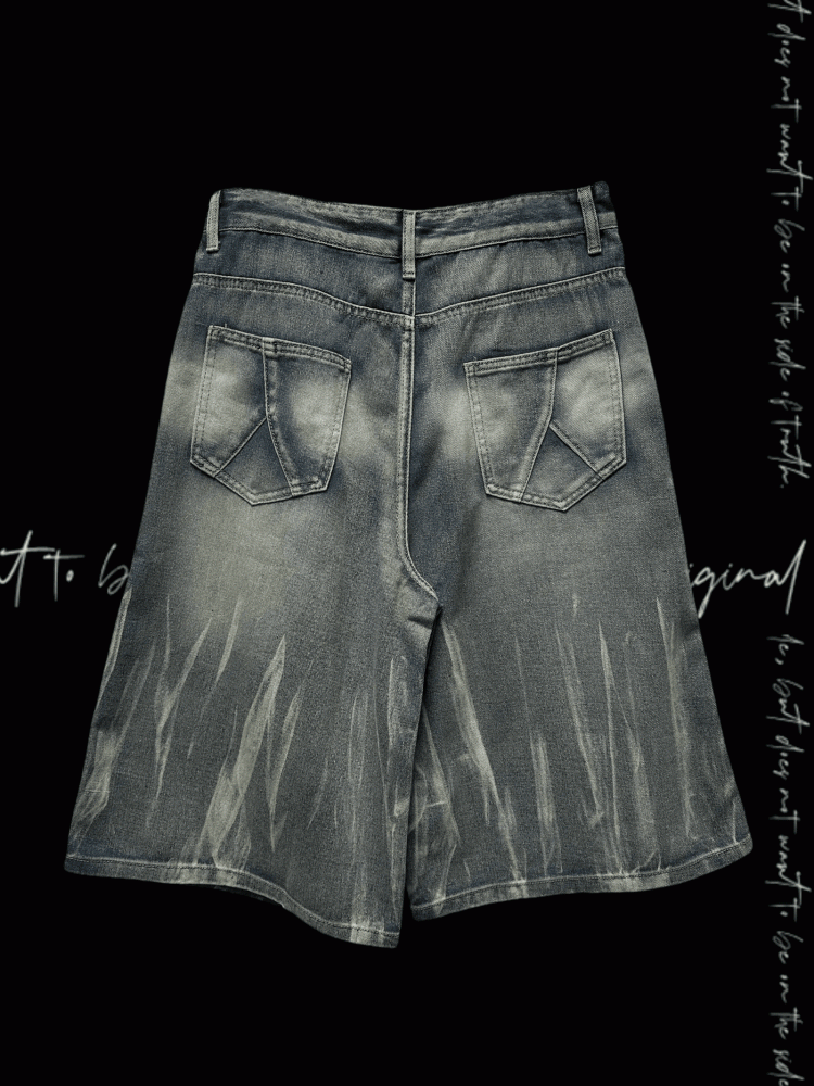 Y2K Blaue Jeans mit weitem Bein und Kreuzapplikationen im Used-Look