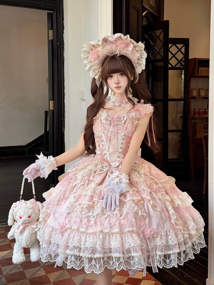Pink Layered JSK Dress with Floral Bow Accents - Pear Island Sweet Tea