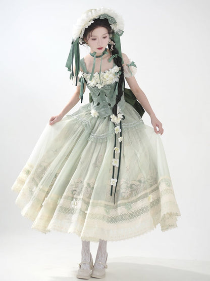 Dekoration Set Jasmin Print Top Grün Rock Lolita Korsett Klassische Lange Floral +