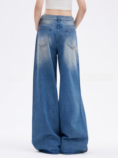 Niedrige Vintage Wide-Leg Jeans Länge Kordelzug Boden Blau Taille