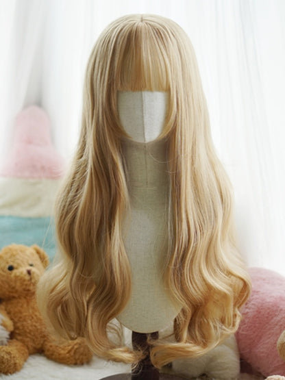 Schwarz/Weiß/Hellblond/Blond/Karamell/Grau, hüftlange, gewellte Perücke mit vollem Pony