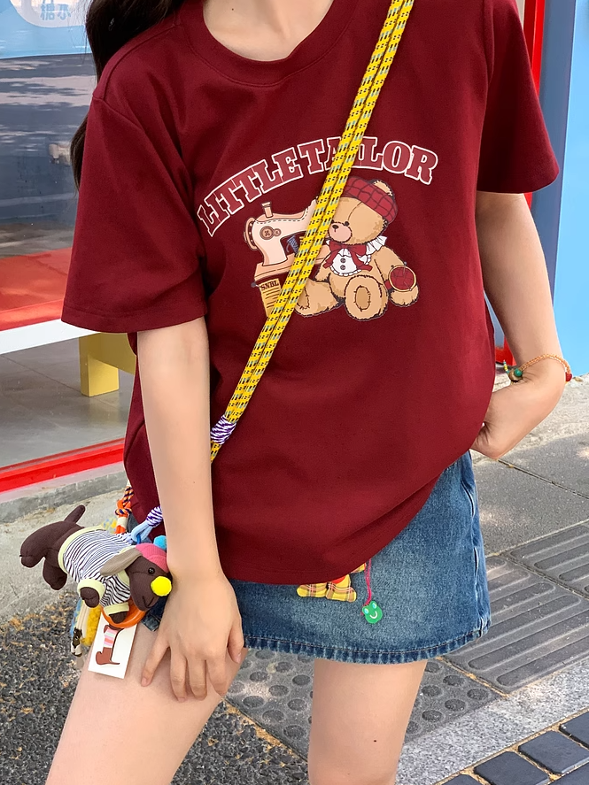 Cartoon Bear Print Wine Red Round Neck T-shirt Loose