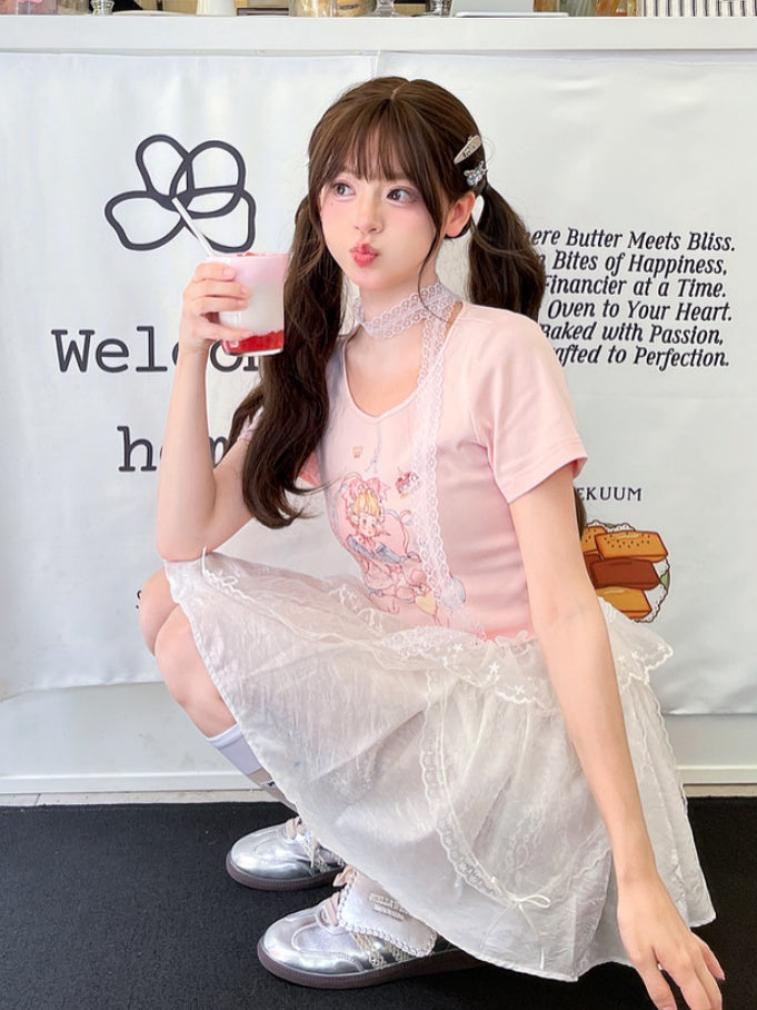 Pink/White Girl Print Lace Trim T-Shirt Cute Round Neck