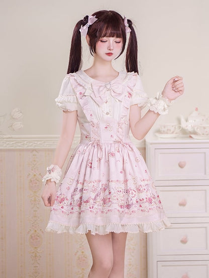 Lace-up Design Sweet Pleating Kei Details Print Pink Cat Jirai
