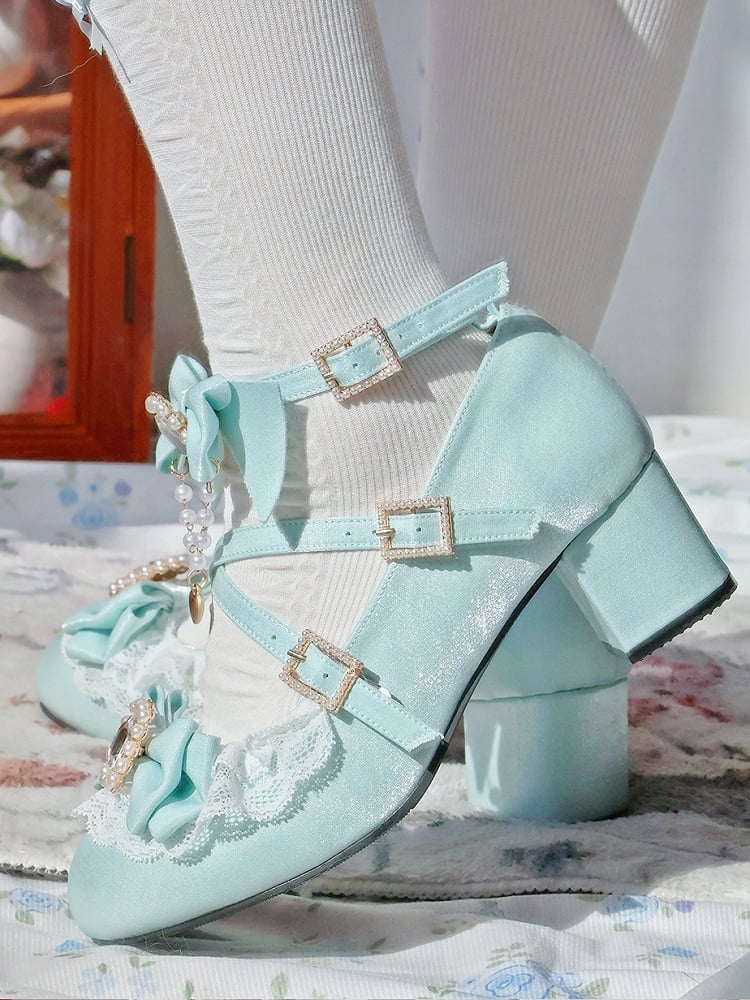 Sophisticated Lolita Lace Mint Mid - Blue Trim Heels