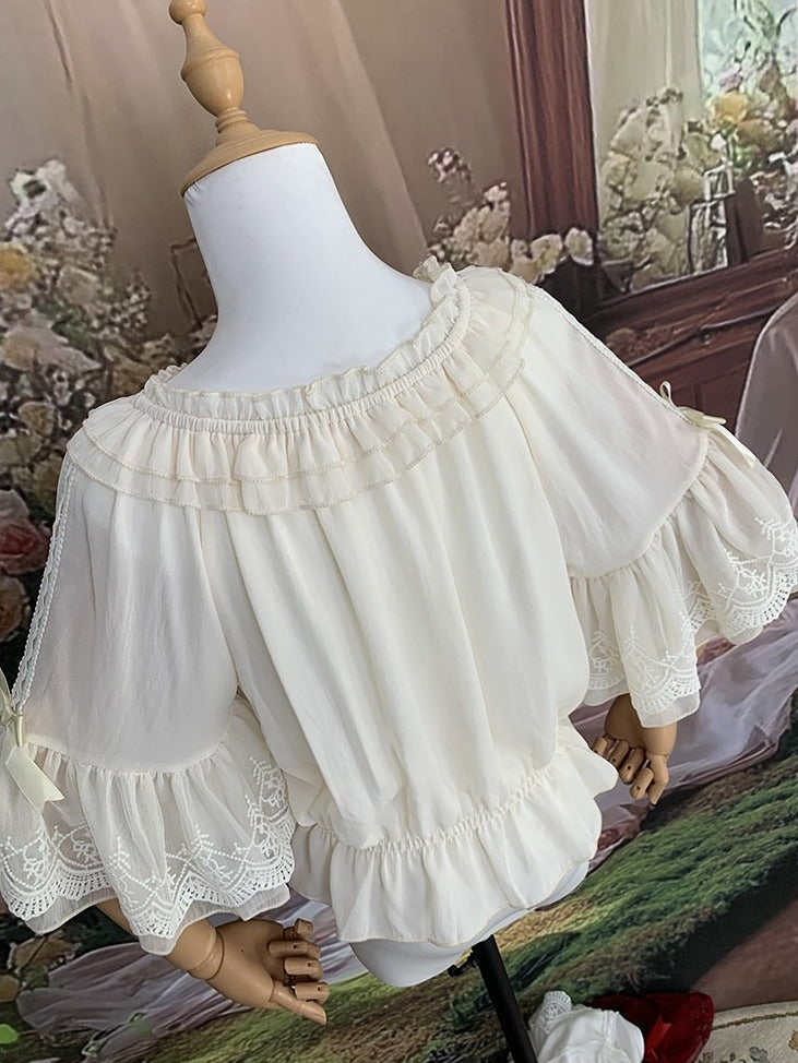Three Colors Summer Classic Lolita Blouse with Off-Shoulder Neckline and Lace - Lan Jian Chuan