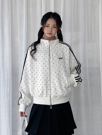 White Striped Zip-Up Jacket with Polka Dot Pattern - Solkatt