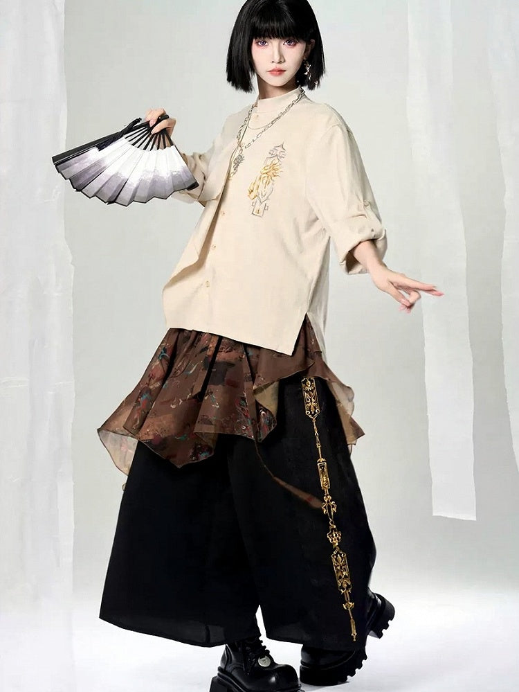 Long Blouse Embroidered Chinoiserie Sleeve Asymmetrical Ivory