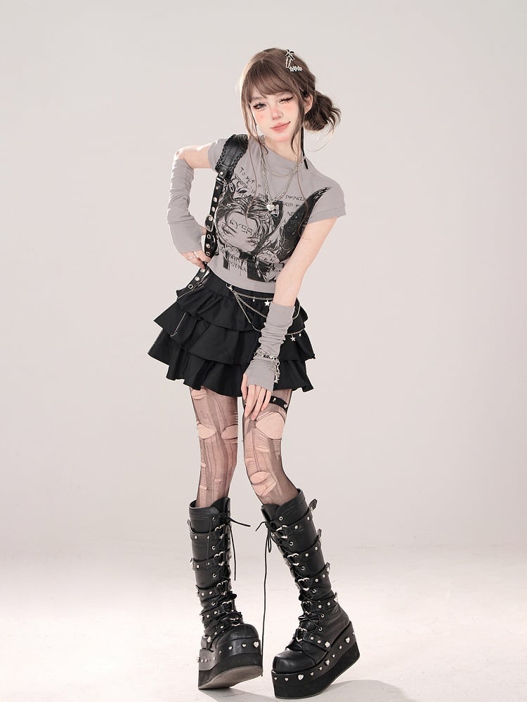 Charakterdruck und passendes fingerloses graues T-Shirt mit Stehkragen und Manga-Handschuhen