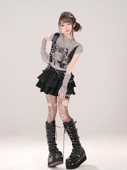 Charakterdruck und passendes fingerloses graues T-Shirt mit Stehkragen und Manga-Handschuhen