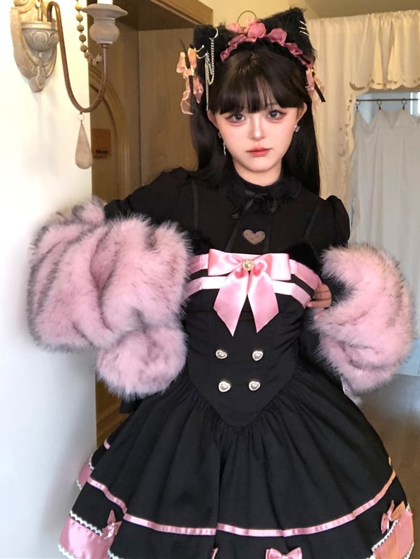 Schwarz-rosa Katzenohren Schleife Akzente Basken Taille Süßes Kleid Lolita Pullover Rock
