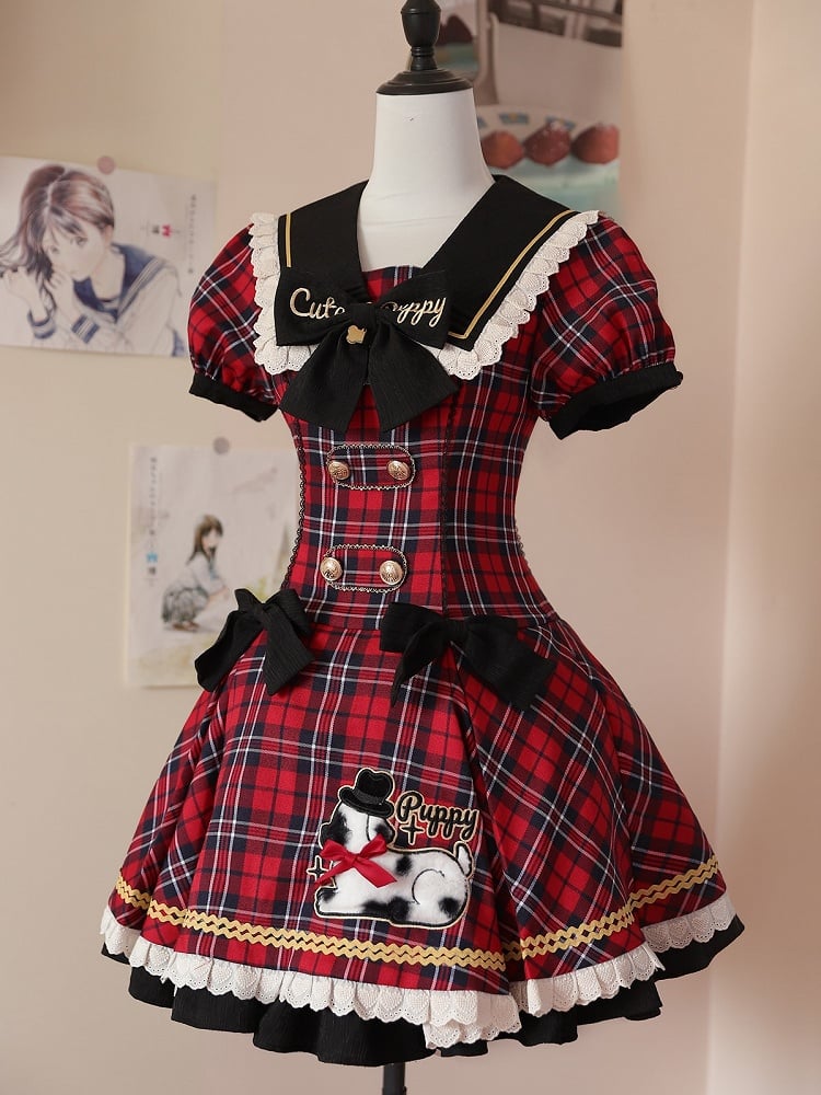 Trim Lace Black Red Sweet Plaid Lolita Dress with Patch Puppy and