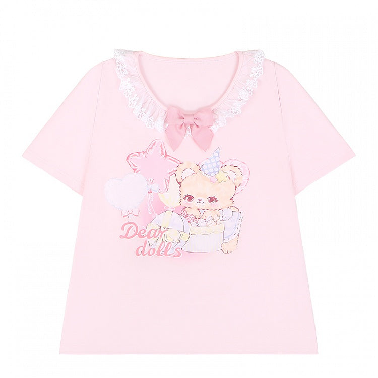 Ruffled Adorable Teddy Bear Print Bowknot Pink/Yellow Neckline Embellished T-Shirt