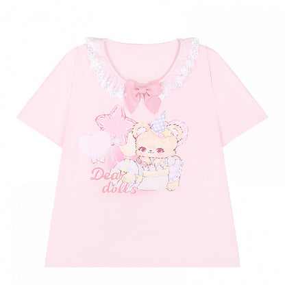 Ruffled Adorable Teddy Bear Print Bowknot Pink/Yellow Neckline Embellished T-Shirt