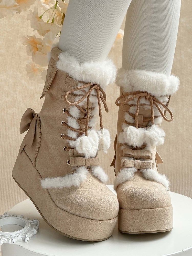 Fleece Lining Lolita Platform Sweet Brown Boots with 4cm Cozy
