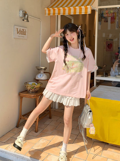 Embroidery Bear Pink Round Neck Oil Painting Letter Print Sweet T-Shirt