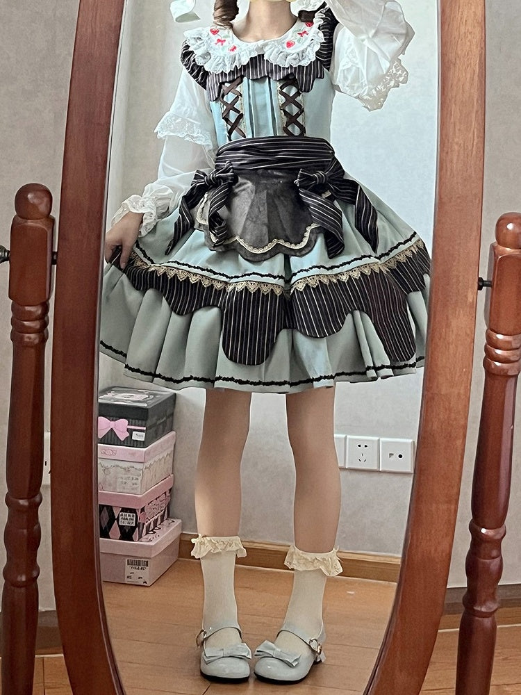 Bow Green Mint Chocolate Neckline Dress with Striped Details Lolita Square Sweet